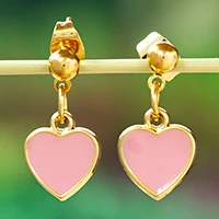 Gold-plated dangle earrings, 'Sweet Amour' - Heart-Themed 14k Gold-Plated Dangle Earrings in Pink Hues