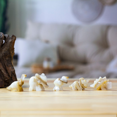 Marble mini figurines, 'Prehistoric Family' (set of 5) - 5 Dinosaur Mammoth Small Decorative Carved Marble Figurines