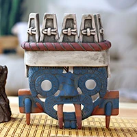 Ceramic mask, 'Blue Tlaloc' - Handcrafted and Painted Wall Mask of Aztec Deity Tlaloc