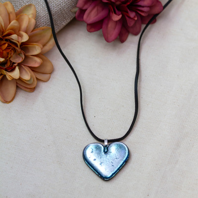 Dichroic glass pendant necklace, 'Heart of Silver Blue' - Painted Silver-Blue Dichroic Glass Heart Pendant Necklace