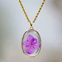 Gold-plated natural flower pendant necklace, 'Ethereal Emotions' - Purple Hydrangea Flower Resin Necklace with 24k Gold Plating