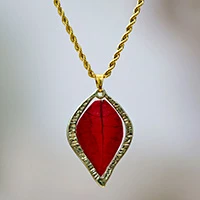 Gold-plated natural flower pendant necklace, 'Seductive Nature' - Romantic 24k Gold-Plated Natural Red Petal Pendant Necklace