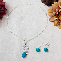 Reconstituted turquoise jewelry set, 'Saltwater Bloom' - Reconstituted Turquoise Silver Necklace and Earrings Set
