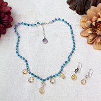 Citrine and reconstituted turquoise beaded jewelry set, 'Precious Dangles' - Crochet-Style Citrine Reconstituted Turquoise Jewelry Set