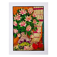 Natural fiber wall art, 'Floral Memoir' - Hand-Painted Warm-Palette Natural Fiber Wall Art from Mexico