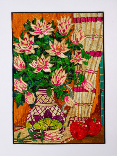 Natural fiber wall art, 'Floral Memoir' - Hand-Painted Warm-Palette Natural Fiber Wall Art from Mexico