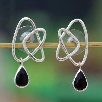Onyx dangle earrings, 'Intertwined Flair' - Modern Onyx Taxco Silver Earrings with Intertwined Accents