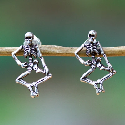 Sterling silver button earrings, 'Fest of the Dead' - Day of the Dead Sterling Silver Skeleton Button Earrings