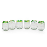 Handblown recycled glass stemless wine glasses, 'Verdant Day' (set of 6) - Green-Rimmed Handblown Stemless Wine Glasses (Set of 6)