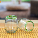 Handblown recycled glass stemless wine glasses, 'Verdant Day' (set of 6) - Green-Rimmed Handblown Stemless Wine Glasses (Set of 6)