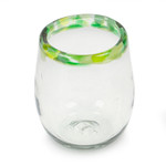 Handblown recycled glass stemless wine glasses, 'Verdant Day' (set of 6) - Green-Rimmed Handblown Stemless Wine Glasses (Set of 6)