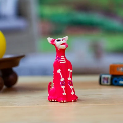 Ceramic sculpture, 'Barks in Pink' - Hand-Painted Pink and Ivory Ceramic Skeleton Dog Sculpture