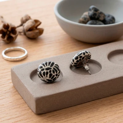 Ceramic button earrings, 'Black Feather Spark' - Floral-Themed Talavera Style Ceramic Button Earrings