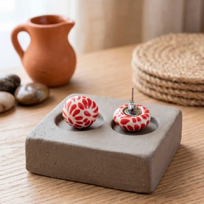 Ceramic button earrings, 'Red Feather Spark' - Talavera Style Ceramic Earrings with Floral Feather Motif