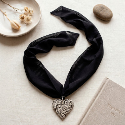 Ceramic and chiffon pendant necklace, 'Caress at Night' - Artisan-Made Heart-Themed Ceramic and Black Chiffon Necklace