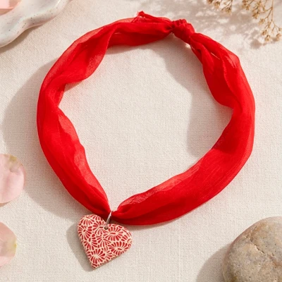 Ceramic and chiffon pendant necklace, 'Caress in Red' - Romantic Red Chiffon and Ceramic Heart Pendant Necklace