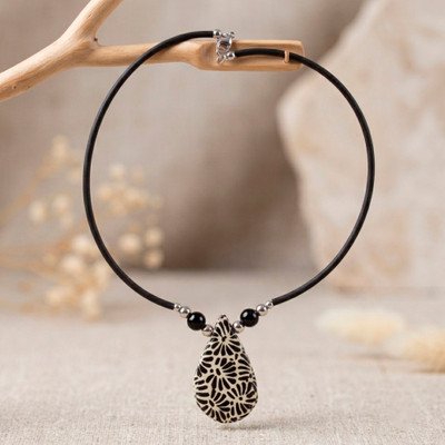 Agate cord pendant necklace, 'Dew at Night' - Drop-Shaped Ceramic Pendant Necklace with Black Agate Stones