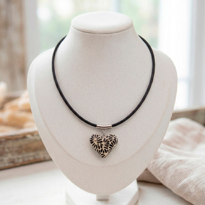 Ceramic pendant necklace, 'Red Feather Heart' - Leather Necklace with Talavera Style Ceramic Heart Pendant