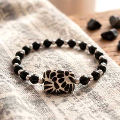 Agate and ceramic beaded stretch pendant bracelet, 'Black Feather Charm' - Talavera Style Ceramic Stretch Pendant Bracelet with Agate