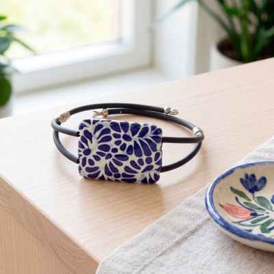 Ceramic pendant bracelet, 'Double Blue' - Talavera-Themed Double-Strand Blue Ceramic Pendant Bracelet
