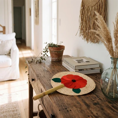 Natural fiber hand fan, 'Crimson Blossom' - Hand-Woven Natural Fiber Hand Fan with Red Floral Motif