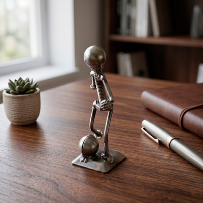 Recycled metal figurine, 'Strike a Goal' - Abstract Recycled Metal Figurine of Soccer Player with Ball