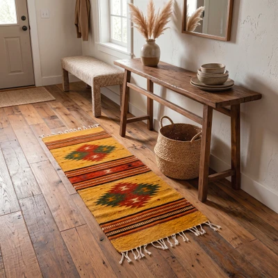 Zapotec wool runner, 'Captivating Geometry' (1.5x4) - Handwoven Geometric 1.5x4 Zapotec Wool Runner in Yellow