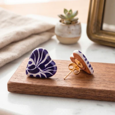 Gold-accented ceramic button earrings, 'Talavera Passion' - Gold-Accented Talavera Style Ceramic Heart Button Earrings