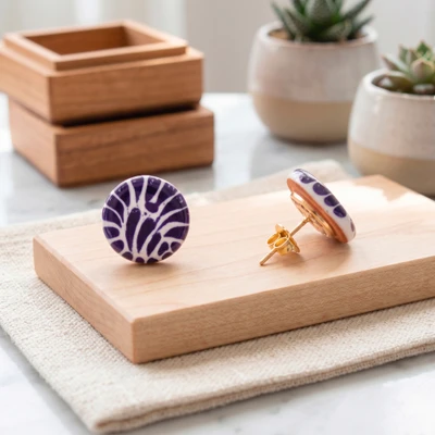 Gold-accented ceramic button earrings, 'Talavera Circle' - Gold-Accented Ceramic Button Earrings in Talavera Style