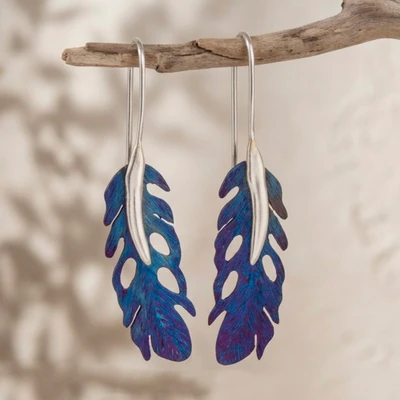 Titanium and sterling silver drop earrings, 'Stylized Wings' - Stylized Wing-Themed Openwork Titanium Silver Drop Earrings