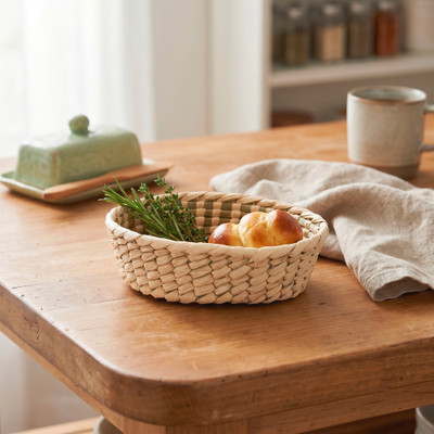 Natural fiber basket, 'Times of Taste' - Artisan-Made Natural Bulrush Reed Fiber Basket from Mexico