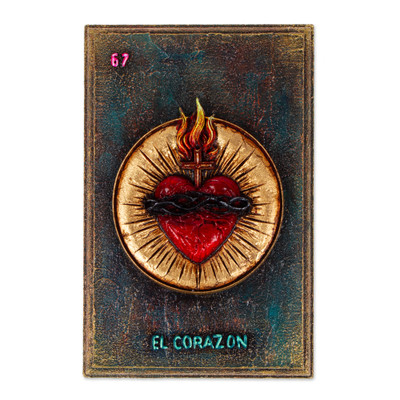 Wood wall art, 'Heart & Holiness' - Classic Hand-Carved Pinewood Wall Art of Religious Heart