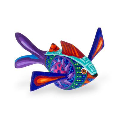 Wood alebrije figurine, 'Swimming Blue' - Handmade Copal Wood Alebrije Fish Figurine in Blue & Purple