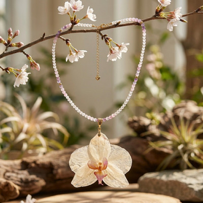 Gold-accented natural flower, amethyst and rose quartz beaded statement necklace, 'Luminous Orchid' - Gold-Accented Natural Orchid Amethyst Rose Quartz Necklace