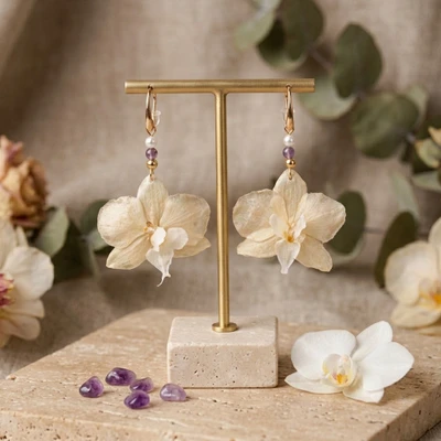 Gold-accented natural flower and amethyst statement earrings, 'Luminous Orchid' - Gold-Accented Natural White Orchid Amethyst Dangle Earrings