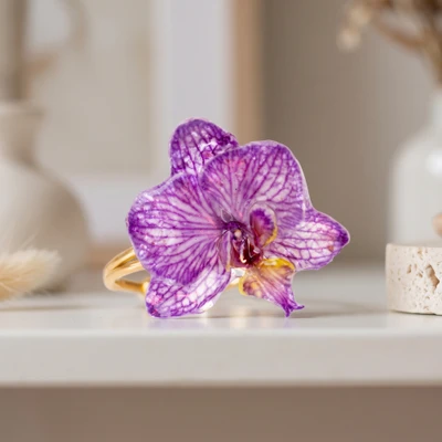 Gold-plated natural flower wrap cocktail ring, 'Regal Orchid' - Gold-Plated Wrap Cocktail Ring with Natural Purple Orchid