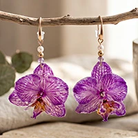 Gold-accented natural flower and amethyst statement earrings, 'Regal Orchid' - 24k Gold-Accented Preserved Purple Orchid Amethyst Earrings
