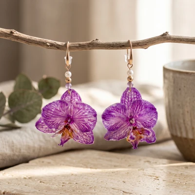 Gold-accented natural flower and amethyst statement earrings, 'Regal Orchid' - 24k Gold-Accented Preserved Purple Orchid Amethyst Earrings