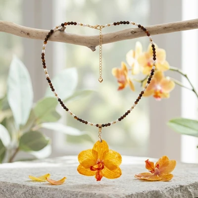 Gold-accented natural flower and tiger's eye beaded statement necklace, 'Dazzling Orchid' - Gold-Accented Natural Orchid Tiger's Eye Statement Necklace