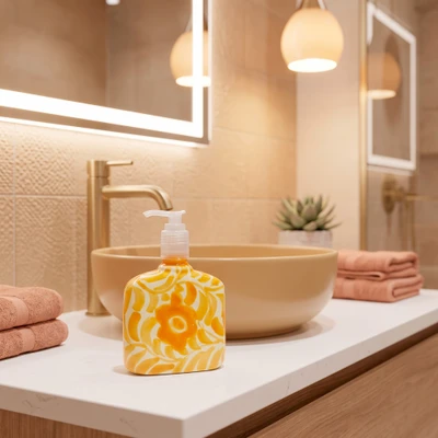 Ceramic liquid soap dispenser, 'Marigold Fern Fantasy' - Floral Vine Ceramic Liquid Soap Dispenser in Talavera Style