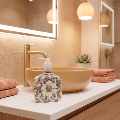 Ceramic liquid soap dispenser, 'Grey Vines' - Grey Talavera-Style Botanical Ceramic Liquid Soap Dispenser