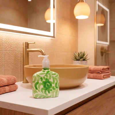 Ceramic liquid soap dispenser, 'Lime Fern Fantasy' - Talavera-Style Floral and Leaf Ceramic Liquid Soap Dispenser