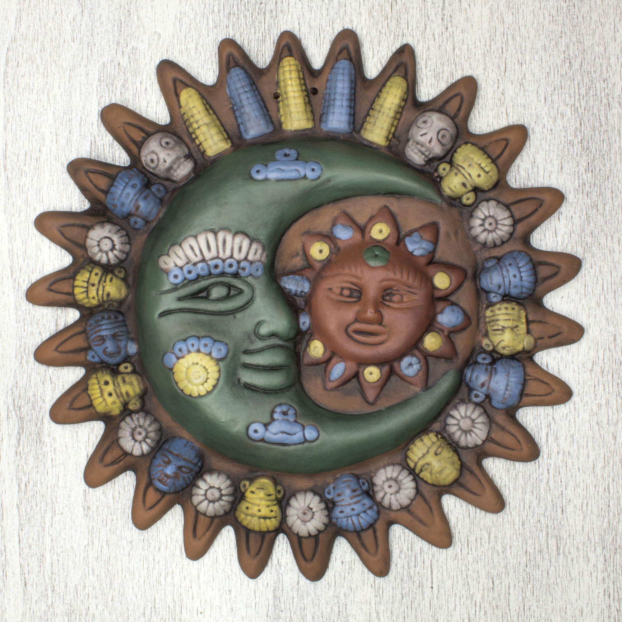 Sun and Moon Ceramic Wall Art Mexican Mask Eclipse Azteca NOVICA