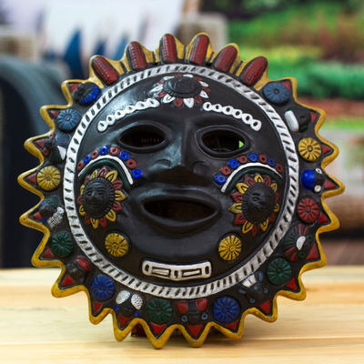 Sun, 'Ebony Sun' - Unique Black Sun and Moon Ceramic Mask from Mexico