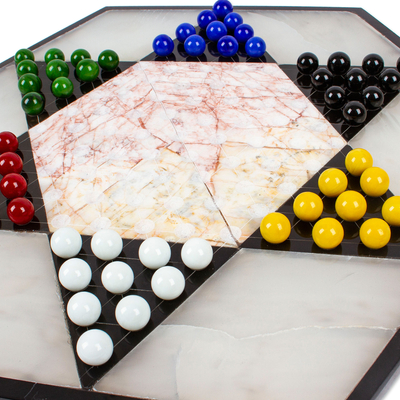 Marble and onyx Chinese checkers, 'Colorful Contrast' - Hand Crafted Marble Chinese Checker Game Set