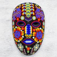 Beaded mask, 'Blue Deer with Corn' - Huichol Handmade Mask Multicolor Beaded Folk Art