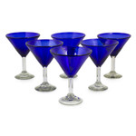 Handblown martini glasses, 'Pure Cobalt' (set of 6) - Handblown Glass Recycled Martini Drinkware (Set of 6)