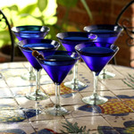 Handblown martini glasses, 'Pure Cobalt' (set of 6) - Handblown Glass Recycled Martini Drinkware (Set of 6)