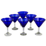 Handblown martini glasses, 'Pure Cobalt' (set of 6) - Handblown Glass Recycled Martini Drinkware (Set of 6)