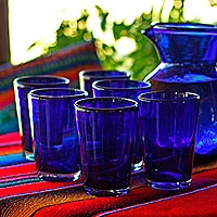 Six Blue Swirl Hand Blown 11 oz High Ball Glasses - Sapphire Swirl